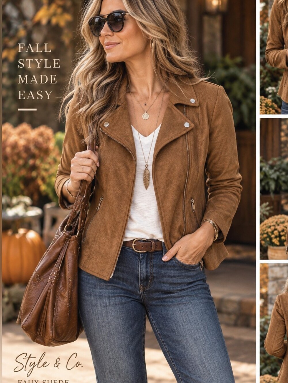 Style & Co Faux Suede Moto Jacket Camel Caramel Brown M Stretch